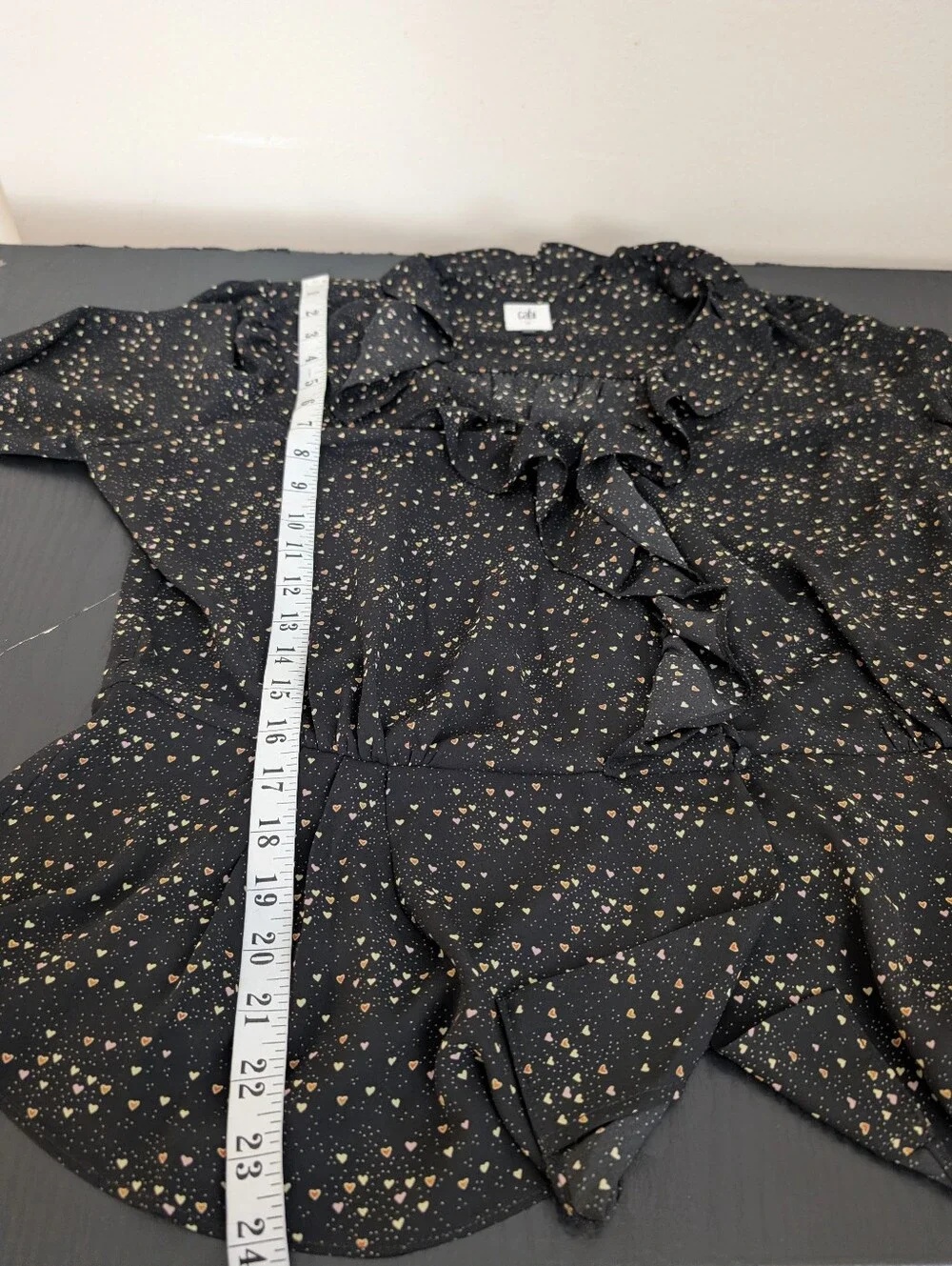 Cabi Eros Blouse Black Heart Print Ruffle Long Sleeve Blouse  Feminine Chic - M - Picture 5 of 11